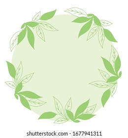 Circle frame. Decorated with shaded leaves and contour drawn leaves. Frame on a white background. Inside the frame, the background is green.