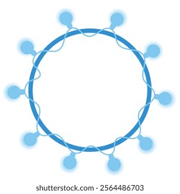 Circle frame decorated with shining garland lights. Wavy string with blue light bulbs. Decorative template with empty space inside.