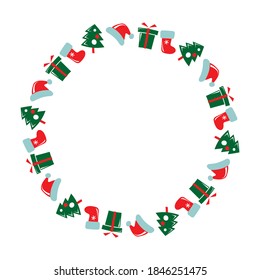 Circle frame with decorations  isolated on white background. Flat style.  Christmas or New Year vector illustration. Design element for greeting card, leaflet, banner, poster or flyer.