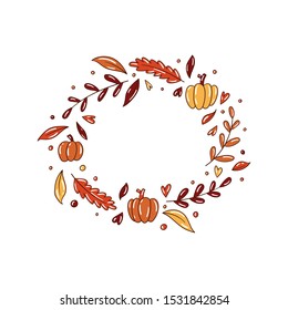 Circle frame with decorative autumnal elements of pumpkin, branches, leaves, hearts - Fall thanksgiving mood - Vector illustration isolated on white