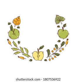 Circle frame with decorative autumnal elements of apples, branches, berries - Fall template, objects in round shape isolated on white - Space for text