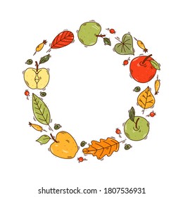 Circle frame with decorative autumnal elements of apples, branches, berries - Fall template, objects in round shape isolated on white - Space for text
