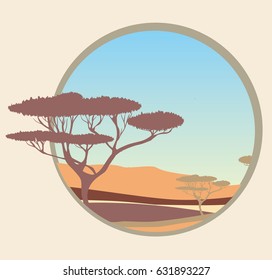 Circle frame, desert landscape, acacia trees , morning sky
vector