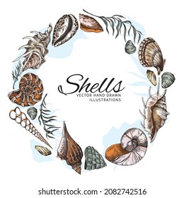 Circle frame design with hand drawn shells and copy space for text, engraving vintage style vector illustration. Design with sea marine shells in shape of round border.