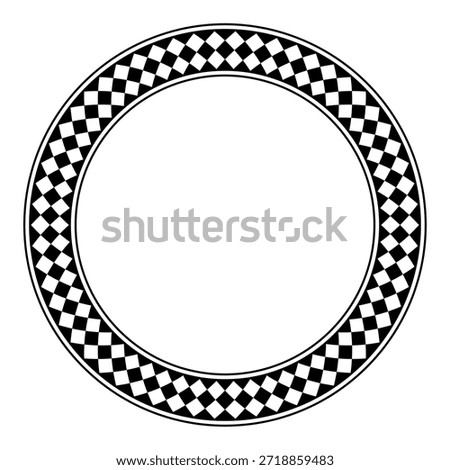 Circle frame with diamond pattern, a decorative checkered border, made of seamless arranged black and white alternating tiles, balanced with two circles inside and out. Isolated illustration. Vector