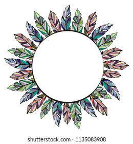 Circle frame with different color feathers isolated on white background