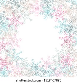 Circle frame of different coloured snowflakes isolated on white background