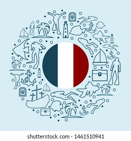 Circle Frame with Diving Line Icons. Travel and Vacation Poster Concept. Flag of the France