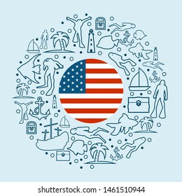Circle Frame with Diving Line Icons. Travel and Vacation Poster Concept. Flag of the USA