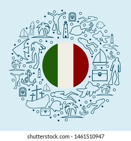 Circle Frame with Diving Line Icons. Travel and Vacation Poster Concept. Flag of the Italy