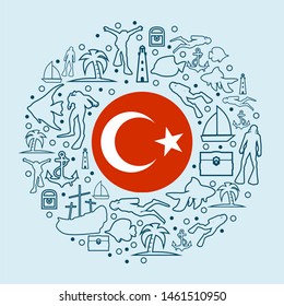Circle Frame with Diving Line Icons. Travel and Vacation Poster Concept. Flag of the Turkey