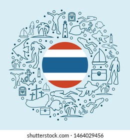 Circle Frame with Diving Line Icons. Travel and Vacation Poster Concept. Flag of the Thailand