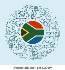 Circle Frame with Diving Line Icons. Travel and Vacation Poster Concept. Flag of the South Africa