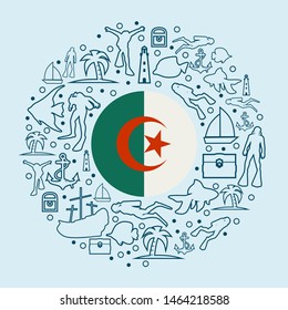 Circle Frame with Diving Line Icons. Travel and Vacation Poster Concept. Flag of the Algeria