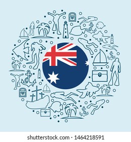 Circle Frame with Diving Line Icons. Travel and Vacation Poster Concept. Flag of the Australia