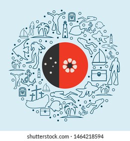 Circle Frame with Diving Line Icons. Travel and Vacation Poster Concept. Flag of the Northern Territory of Australia
