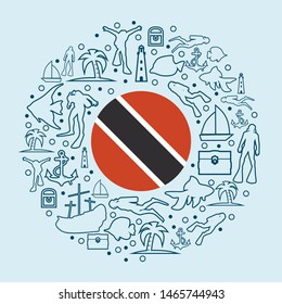 Circle Frame with Diving Line Icons. Travel and Vacation Poster Concept. Flag of the Trinidad