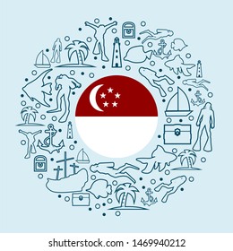 Circle Frame with Diving Line Icons. Travel and Vacation Poster Concept. Flag of the Singapore