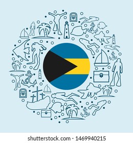 Circle Frame with Diving Line Icons. Travel and Vacation Poster Concept. Flag of the Bahamas
