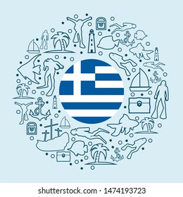 Circle Frame with Diving Line Icons. Travel and Vacation Poster Concept. Flag of the Greece