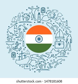 Circle Frame with Diving Line Icons. Travel and Vacation Poster Concept. Flag of the India