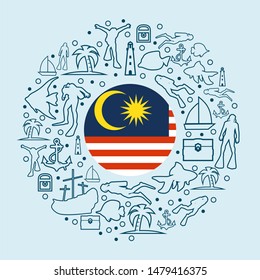 Circle Frame with Diving Line Icons. Travel and Vacation Poster Concept. Flag of the Malaysia