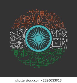 Circle Frame with Diving Line Icons. Travel and Vacation Poster Concept. Flag of India