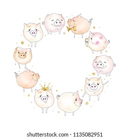 Circle frame with doodle cute pigs, golden decor and watercolor texture. Vector holiday card with Christmas symbol 2019 for your text. Cartoon design on white background.
