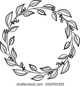 Circle frame doodle vector floral wreath.  Leaves and berries decorative element