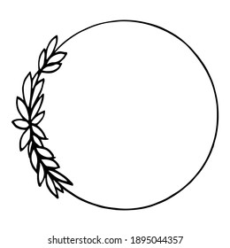 Circle Frame With Elegant Leaves. Floral Boho Element, Doodle Style. Vector Isolated Clip Art On White Background. Hand Drawn.