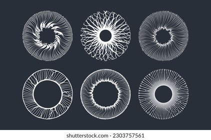 Circle frame element. Radial racy vector logo design. Array with dynamic particles of small particles in circle. 3D illustration for brochure, poster, presentation, cover, flyer or banner.