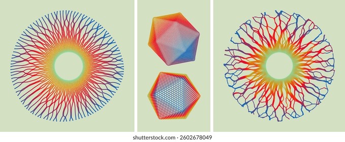 Circle frame element. Radial racy vector logo design. Array with dynamic particles of small particles in circle. Crystal consisting of small particles. Object with dots. Molecular grid. 3D Vector.