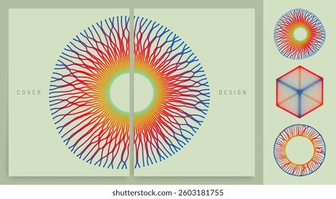 Circle frame element. Radial racy vector logo design. Array with dynamic particles of small particles in circle. Cube consisting of small particles. Object with dots. Molecular grid. 3D Vector.