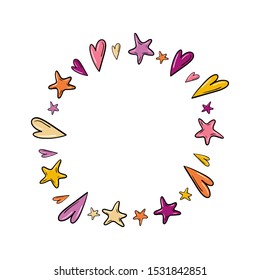 Circle frame with elements of hearts and stars - Vector illustration in doodle style isolated on white