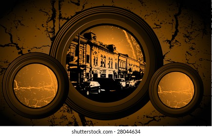 Circle frame. Europe streets. Background for town scape subject.