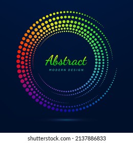 Circle frame. Faded neon circular. Halftone dot pattern. Fading gradient lattice. Boarder fades spiral dots. Round wavy shape. Bight color ring on dark background. Neon fadew radial border. Vector