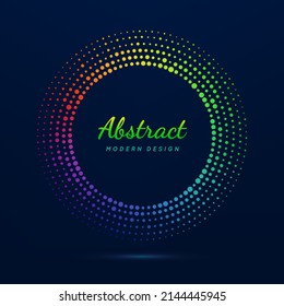 Circle frame. Faded neon circular. Halftone dot pattern. Fading gradient frames. Boarder fades dots. Round shape. Color ring on dark background. Radial border for design prints. Vector illustration