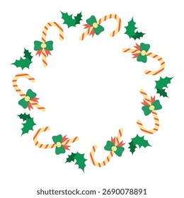 Marco de círculo con decoraciones festivas. Ilustración vectorial de Festiva. Corona de la decoración del año Nuevo. Guirnalda redonda con caña de caramelo de Navidades, arco y hoja de nochebuena