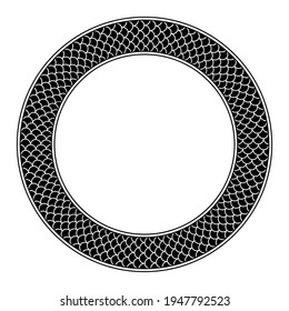 Circle frame with fish scale pattern. Round decorative border, with three rows of overlapping black and cycloid fish scales, framed with lines. Black and white isolated illustration over white. Vector