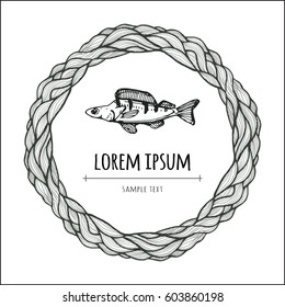 circle frame with fish, waves and place for text. template for title or label