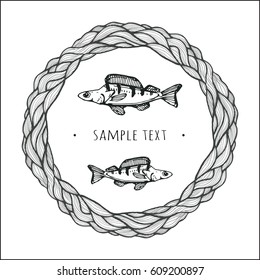 circle frame with fishes, waves and place for text. template for title or label