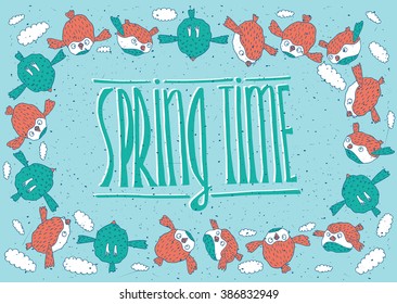 Circle frame of flocks of birds with lettering Spring Time - Spring is coming concept. Vector illustration