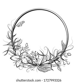 Marco circular con flor, hoja, baya y espacio de copia. Ilustración vectorial de doodle en blanco y negro para bodas o tarjetas de cumpleaños, etiqueta, decoración, impresión textil, diseño de libros de cuentos de hadas. Caricatura de arte esbozado