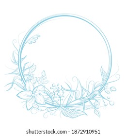 Circle frame with flower, leaf, berry and copy space. Blue and white doodle vector illustration for wedding or birthday card, label, decor, textile print, fairy tale book design. Cartoon outlined art