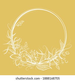 Circle frame with flower, leaf, berry and copy space. Golden and white doodle vector illustration for wedding or birthday card, label, decor, textile print, fairy tale book design. Cartoon outline art