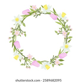 Circle frame Flower wreath of blossoming  tree branches, daffodils and tulips.