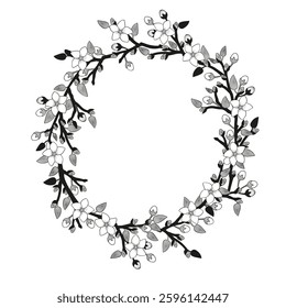 Circle frame Flower wreath of blossoming  apple tree branches black and white vector illustration