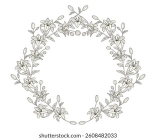 Circle frame with flowers. Hand drawn silhouette of botanical leaves. Decorations for wedding card.Tattoo outline. Branches. Line art. Wreaths. Clip art vector. Elements and borders. Isolated. Luxury