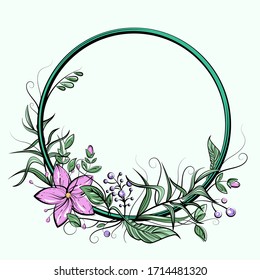 Circle frame with flowers, leafs, berries and copy space. Colorful doodle vector illustration for wedding or birthday card, label, decor, textile print, fairy tale book design. Cartoon outlined art