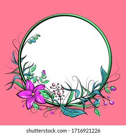 Circle frame with flowers, leafs, berries and copy space. Bright doodle vector illustration for wedding or birthday card, label, decor, textile print, fairy tale book design. Cartoon outlined art